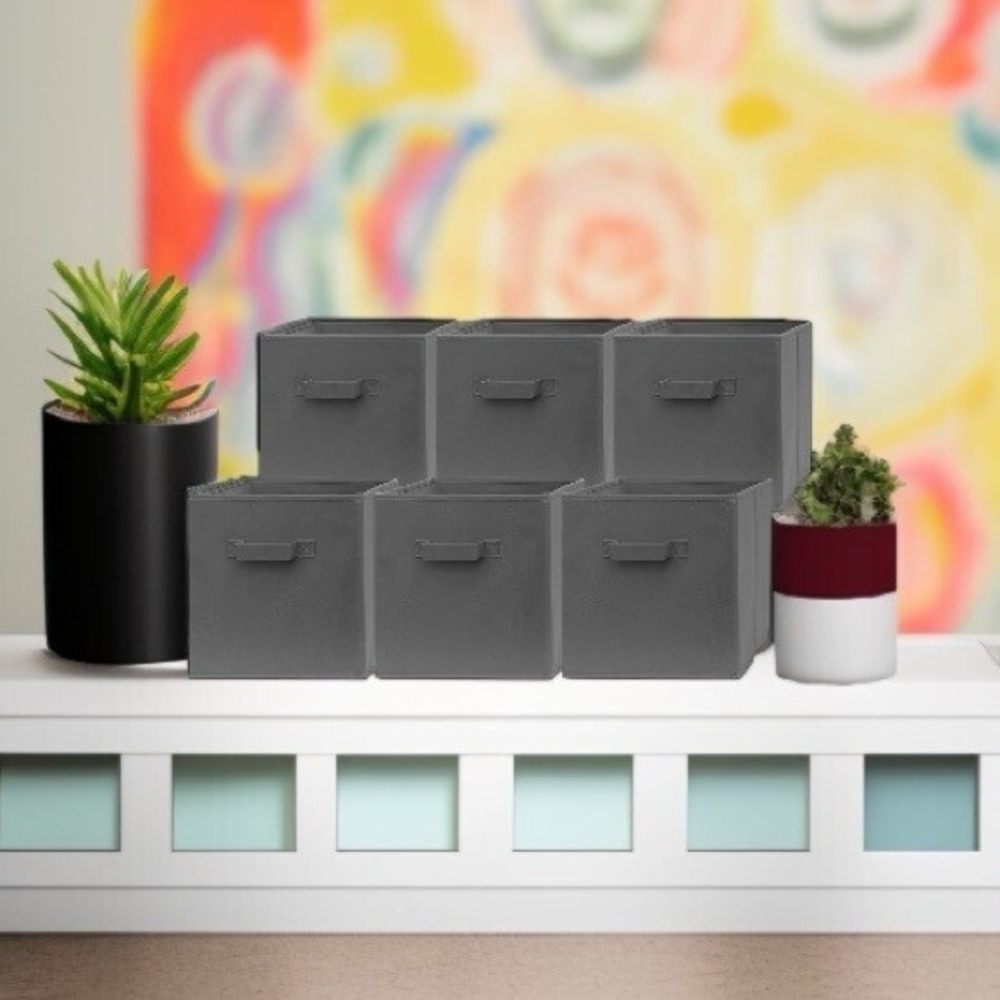 Set of 6 Gray Fabric Storage Cubes 13x13x13 Foldable Bins with Handles NIB